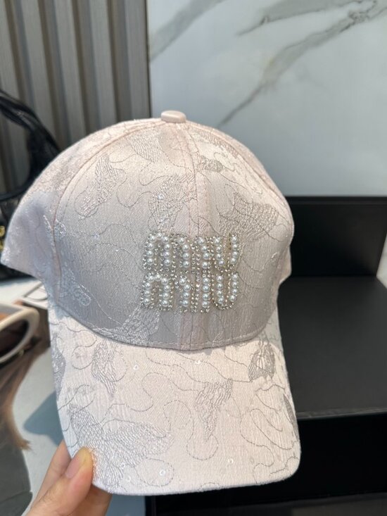 Miu Miu Light Pink Embroidered Crystal Logo Baseball Cap